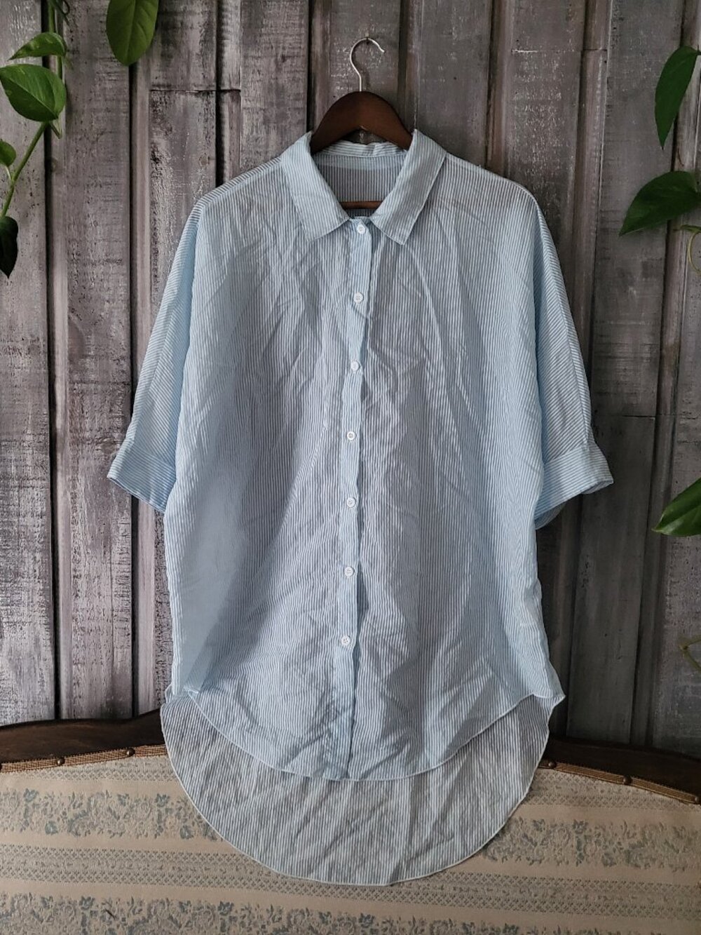 Striped Tunic Shirt Blue White Oversized Button Down